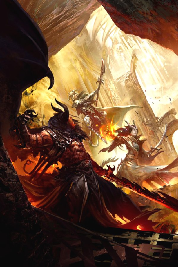 A dynamic fantasy scene from Guild Wars, featuring a fierce battle between a powerful warrior and two agile opponents, set against a dramatic fiery backdrop.