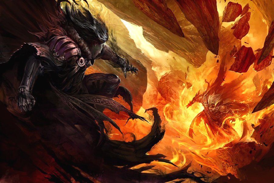 A dramatic scene from the fantasy world of Guild Wars, featuring a dark figure confronting a fiery enemy amidst a chaotic background of swirling rocks and flames.