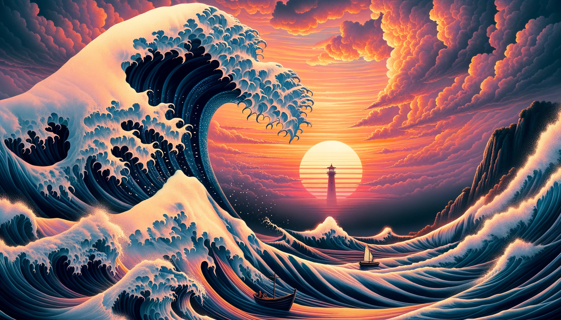 The Great Wave off Kanagawa x retrowave sunset by JohnTrololo