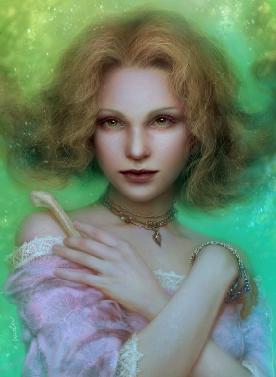 A serene portrait of a woman with flowing hair, gazing confidently. She wears elegant jewelry and a pastel dress, set against an ethereal green background.