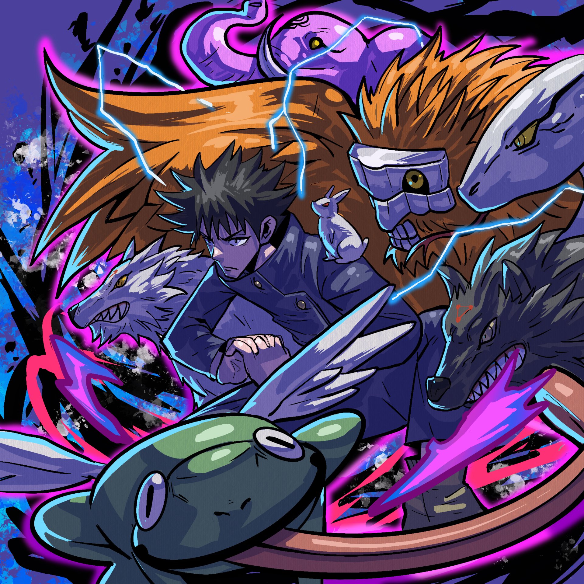 Illustration of Megumi Fushiguro from Jujutsu Kaisen surrounded by his shikigami, with dynamic blue lightning and vibrant purple and orange tones.