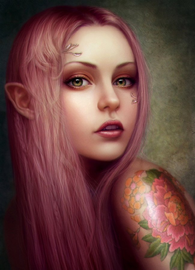 A captivating elf with long pink hair and intricate tattoos gazes intently, embodying the allure of fantasy and magic in a mystical setting.