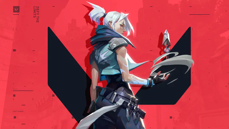 Artwork of a character from the video game Valorant, featuring a white-haired figure with a futuristic outfit against a bold red and black background.