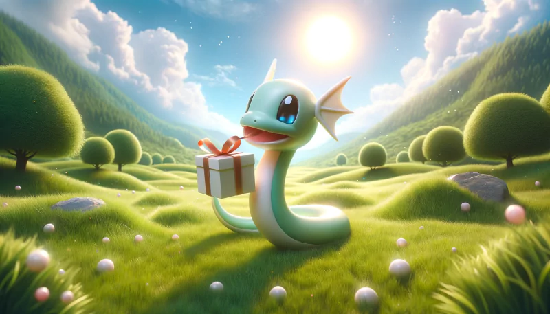  Dratini from Pokémon handling a gift to its master In a beautiful meadow surrounded by hills