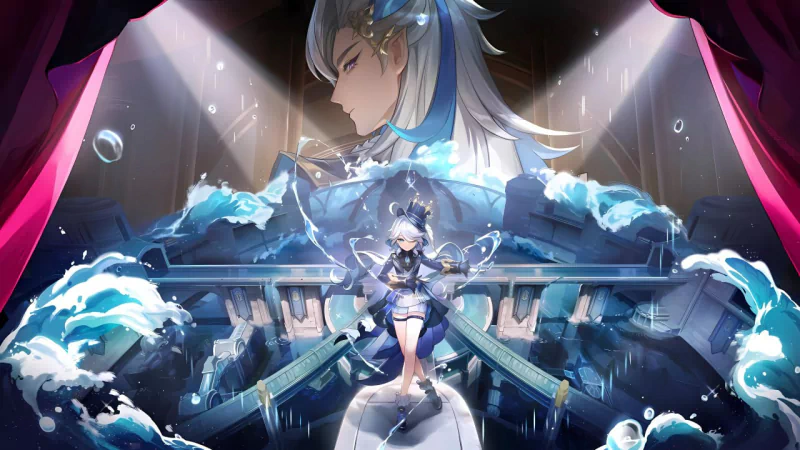 Furina (Genshin Impact) on a spotlighted stage, water surging around her as towering waves and a serene giant portrait loom behind, red curtains framing the dramatic scene.