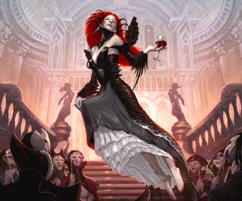 A striking vampire woman with flowing red hair holds a goblet, surrounded by onlookers in a grand hall, evoking the magic and intrigue of Magic: The Gathering.