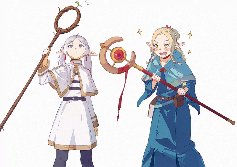 Two characters from the anime Frieren: Beyond Journey's End, Frieren and another elf, stand holding staffs with expressive looks, capturing the series' fantasy theme.