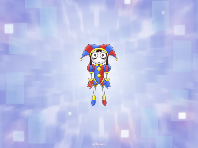 Pomni, the jester character from The Amazing Digital Circus TV show, floats in The Void with a pixelated, dreamy background.