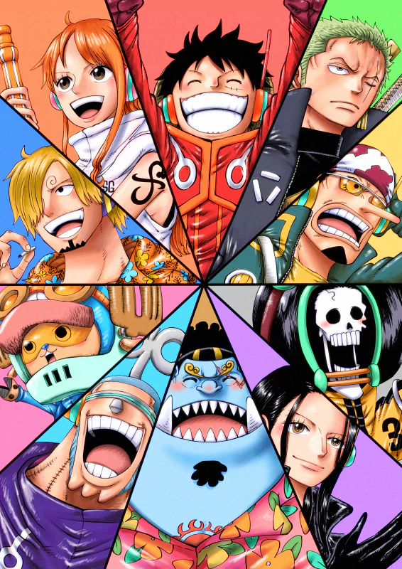 Colorful anime illustration featuring key One Piece characters arranged in a segmented circular design, showcasing their distinct expressions and vibrant attire.