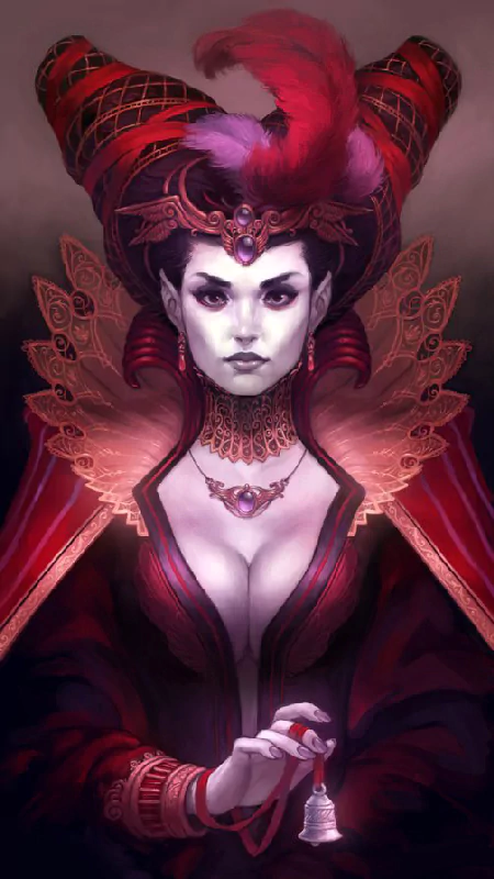 A dark fantasy portrait of a woman with striking features, adorned in elaborate red garments and intricate jewelry, holding a bell, exuding an air of mystery and power.