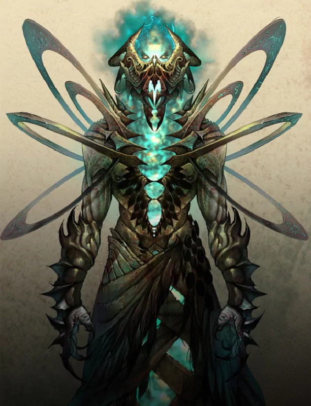 A dark fantasy figure stands tall, adorned with intricate armor and glowing accents, exuding an otherworldly presence amid swirling ethereal elements.