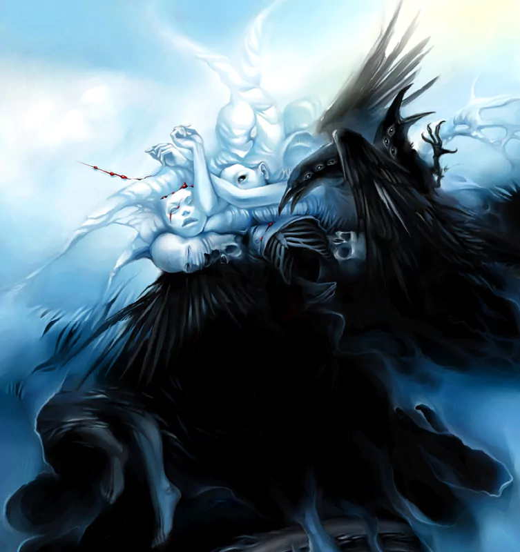 A dark fantasy scene featuring ethereal beings intertwined against a backdrop of swirling clouds and contrasting light, evoking a sense of mystery and otherworldliness.