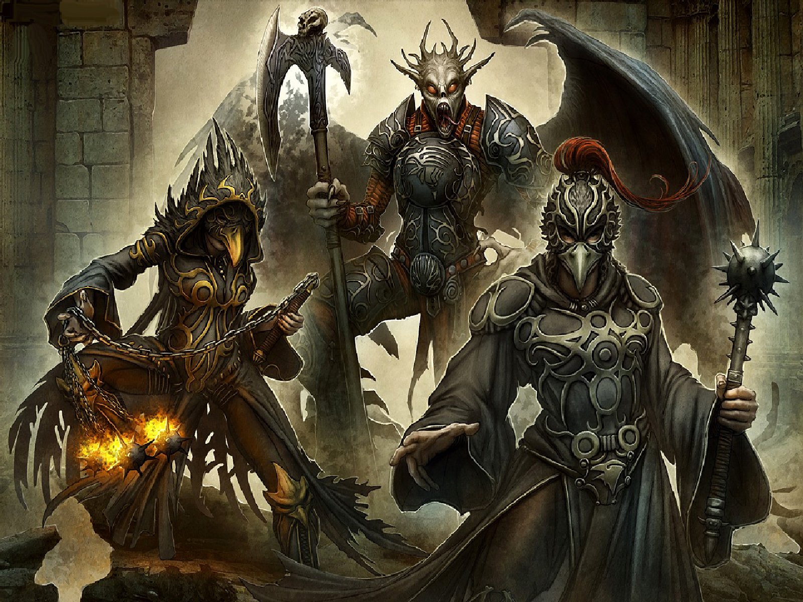 A trio of dark fantasy characters stands ominously, clad in intricate armor and wielding powerful weapons, surrounded by shadowy ruins. The atmosphere is surreal and foreboding.