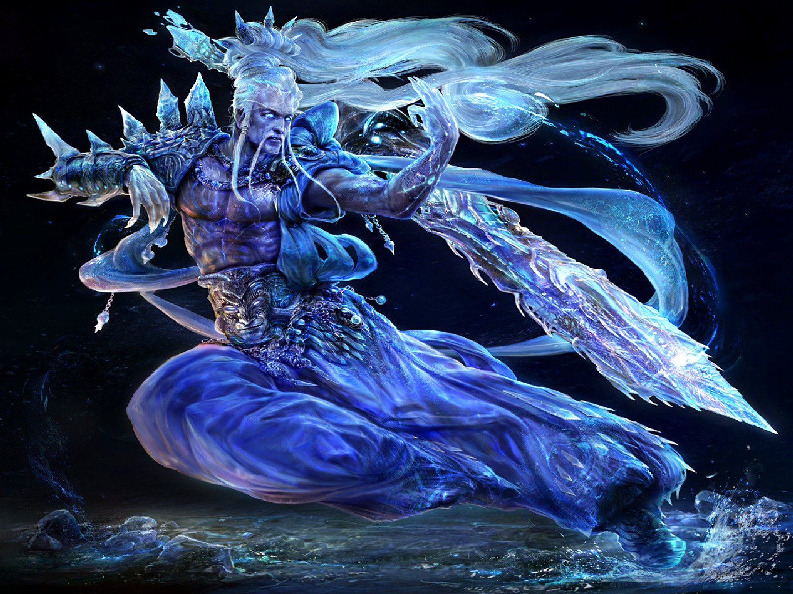 A powerful fantasy warrior in flowing blue robes wields an ice sword, embodying martial arts finesse amidst a swirling water backdrop.