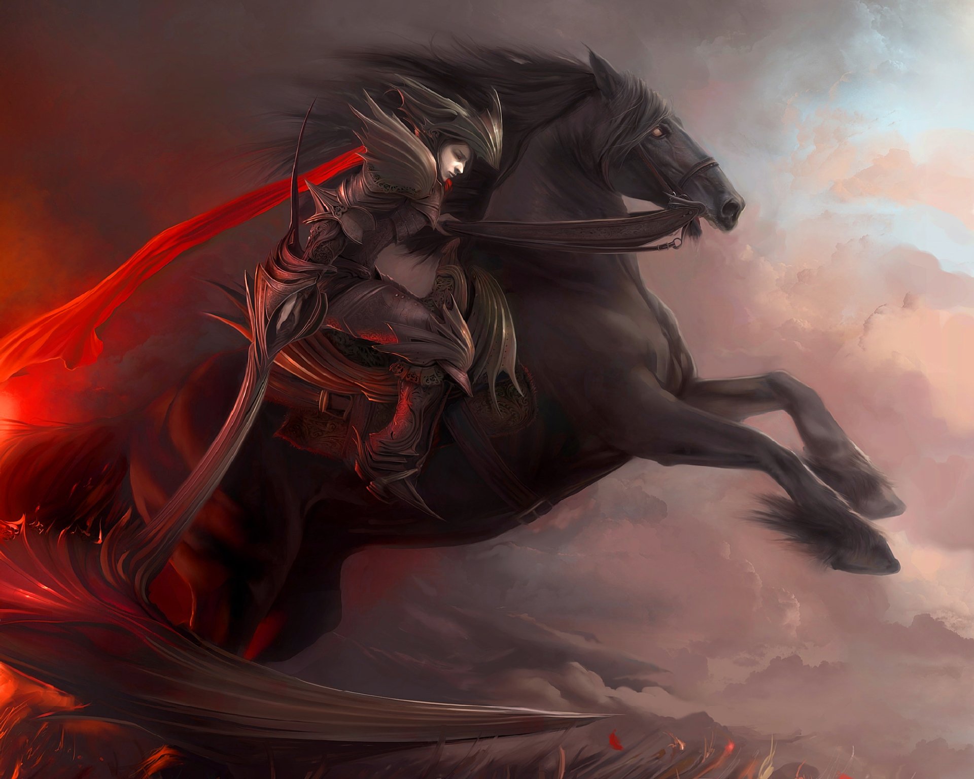 A powerful woman in ornate armor rides a rearing black horse against a dramatic sky, embodying fantasy with an air of strength and mystique.