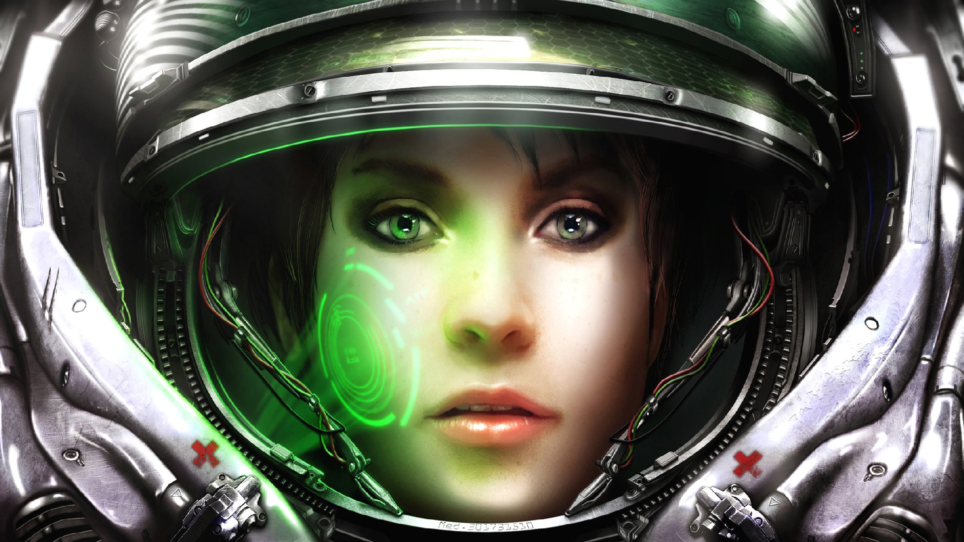 A close-up of a character in a futuristic helmet, showcasing an intense gaze and green digital interface, inspired by the video game Starcraft.