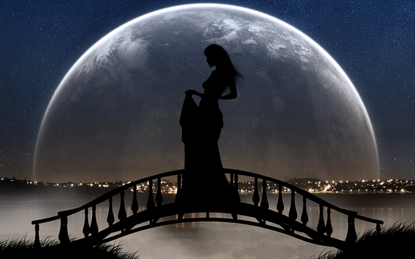A silhouetted woman stands on a bridge against a starry night sky, with a large moon looming above and a cityscape twinkling in the background, creating a romantic atmosphere.