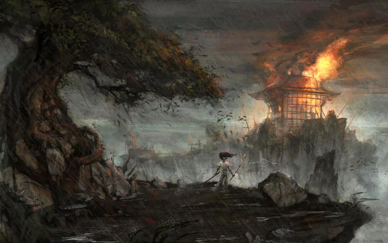 A lone samurai stands on a rocky shore, facing a burning fortress against a dramatic sky. The scene captures the essence of Afro Samurai's intense and artistic world.