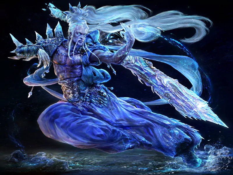 A powerful fantasy warrior in flowing blue robes wields an ice sword, embodying martial arts finesse amidst a swirling water backdrop.