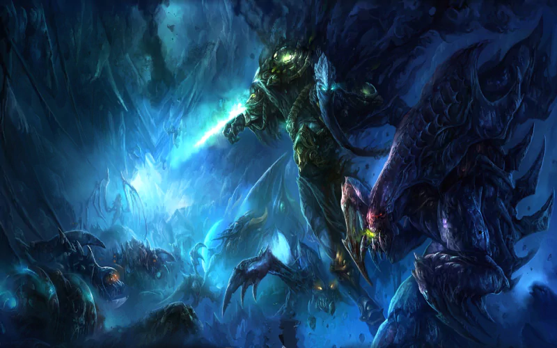 An intense scene from the video game Starcraft, featuring monstrous alien creatures and a powerful figure amidst a dark, glowing environment filled with cosmic energy.