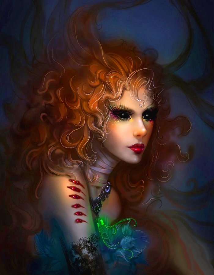 A mesmerizing fairy with vibrant, flowing red hair and enchanting makeup gazes thoughtfully, adorned in a colorful, ethereal outfit that captures the essence of fantasy.