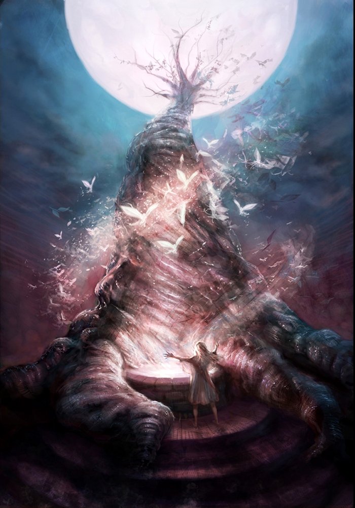 A magical scene depicts a towering, twisted tree illuminated by a glowing moon, with ethereal butterflies swirling around a figure standing near a well at its base.