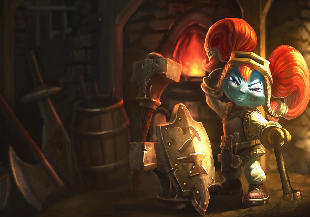 A cheerful gnome character stands confidently with a shield and hammer in a dimly lit, medieval forge, embodying the adventurous spirit of a video game world.