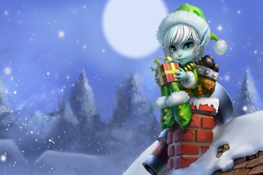 A festive anime character with light blue skin and white hair peeks over a brick chimney, wearing a green Santa hat, holding a gift, set against a snowy, moonlit backdrop.