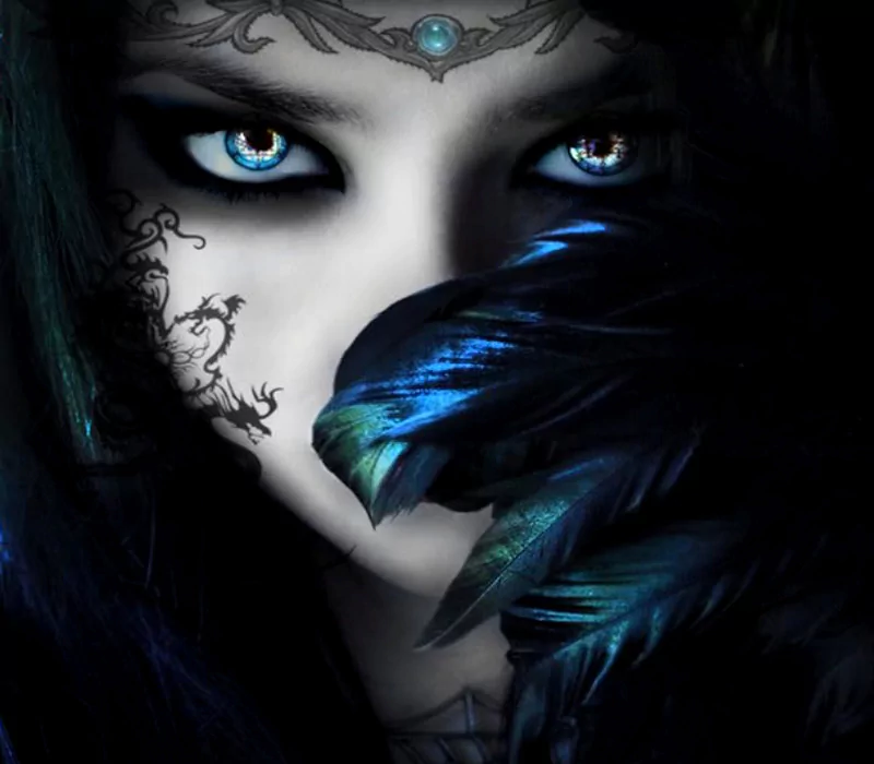 A captivating fantasy image of a woman with striking blue eyes, adorned with intricate markings and partially concealed by dark feathers, exuding an aura of mystique.