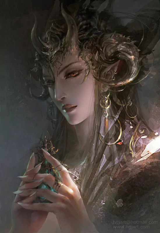 A mystical witch with dark, intricate horns, sharp features, and ornate jewelry, emanating a powerful aura in a shadowy, ethereal background.
