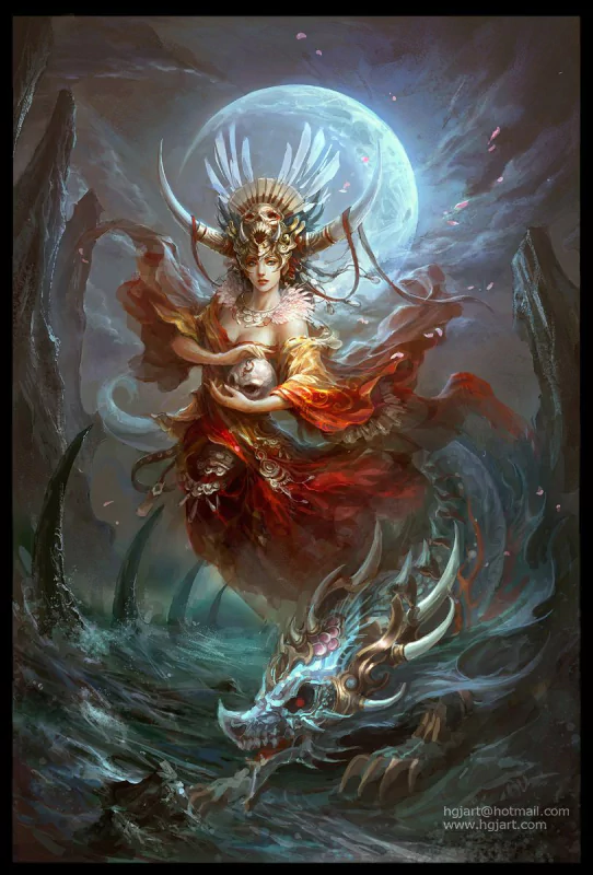 A fantasy scene featuring a woman in elaborate headdress and flowing robes, holding a skull, standing beside a mystical dragon under a glowing full moon.
