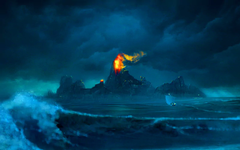 A dramatic artistic scene of a fiery volcano on an island surrounded by turbulent ocean waves, set against a moody, dark blue sky.