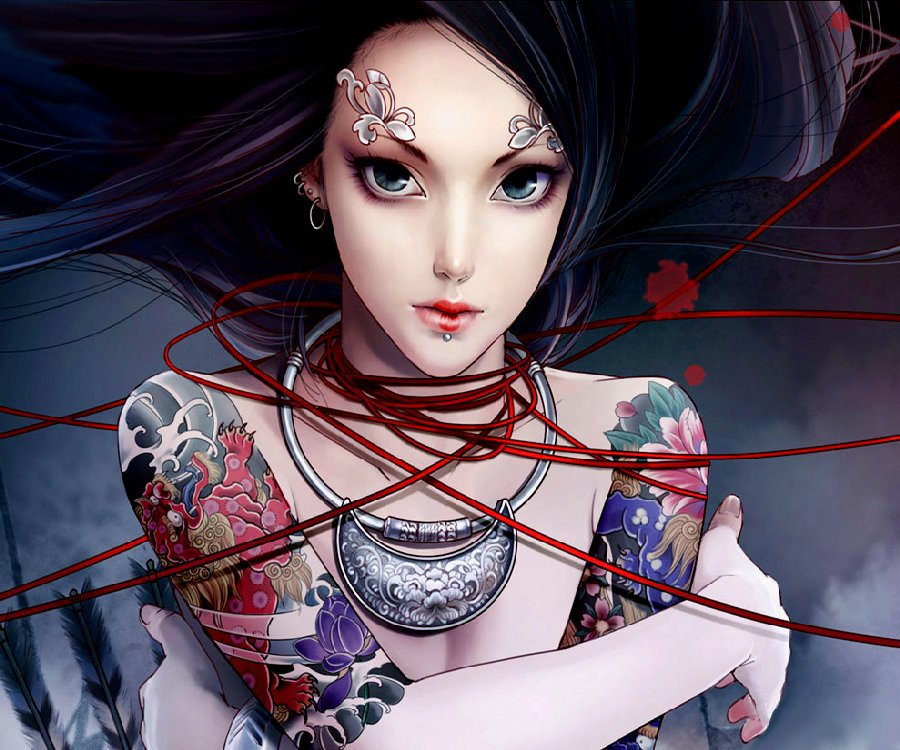 A woman with striking tattoos and intricate jewelry stares directly at the viewer, her flowing hair intertwined with red strands, creating a captivating and dramatic scene.