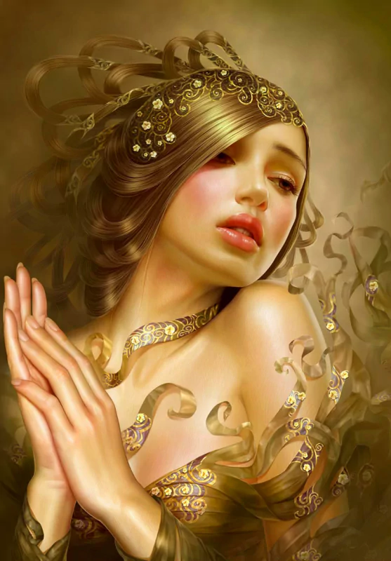 A beautifully detailed fantasy image of a woman with flowing hair, adorned in elegant, shimmering attire, exuding grace and enchantment against a soft, warm background.