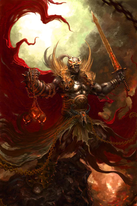A powerful, dark comic figure stands menacingly, wielding a sword and a chain, surrounded by swirling red and ominous shadows, embodying an intense and fierce presence.