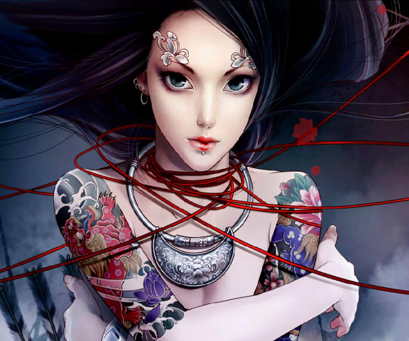 A woman with striking tattoos and intricate jewelry stares directly at the viewer, her flowing hair intertwined with red strands, creating a captivating and dramatic scene.