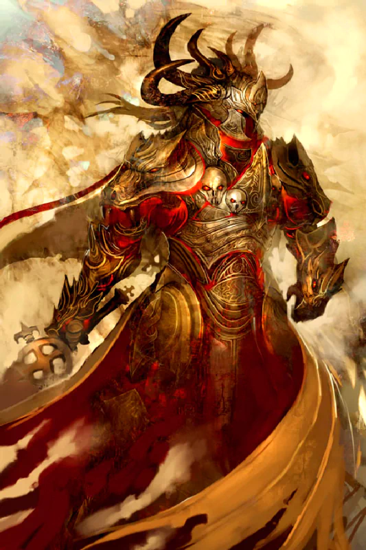 A powerful fantasy warrior stands boldly, clad in ornate red and gold armor, adorned with skulls and horns, exuding an aura of strength and menace against a dynamic, swirling backdrop.