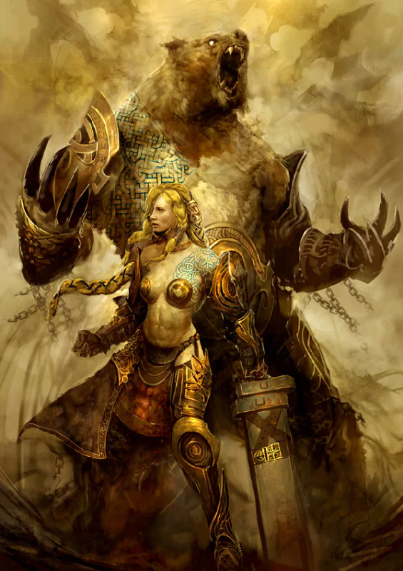 A fierce warrior stands confidently with a sword, adorned in tattoos and armor, alongside a roaring bear monster, embodying the dark fantasy of Guild Wars.