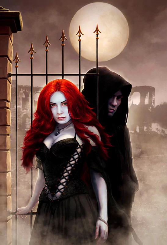 A dark vampire character with striking red hair stands confidently in a gothic setting, with a shadowy figure behind her under a full moon. Atmospheric and mysterious.