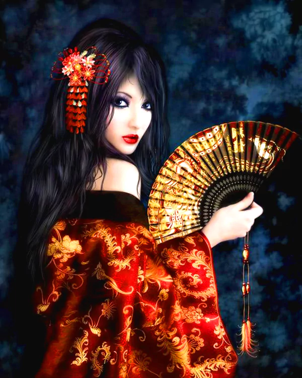 A woman of Asian descent holds a decorative fan, dressed in a vibrant red kimono adorned with intricate patterns, exuding elegance and cultural charm against a dark background.