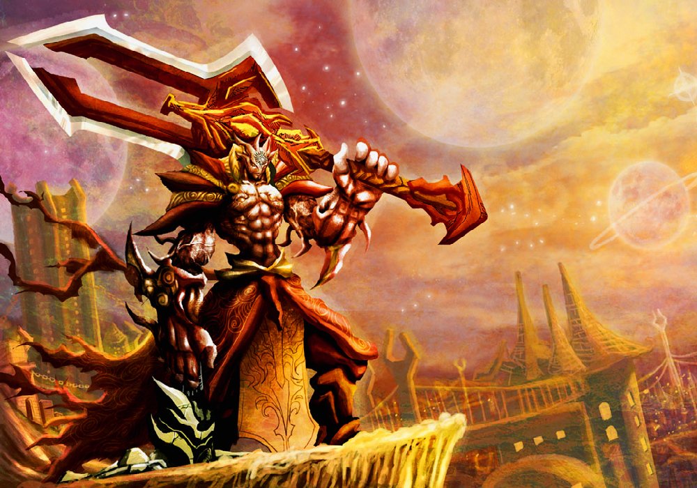 A powerful anime warrior stands confidently, wielding a massive weapon against a vibrant cosmic backdrop, showcasing strength and determination amidst a fantastical landscape.