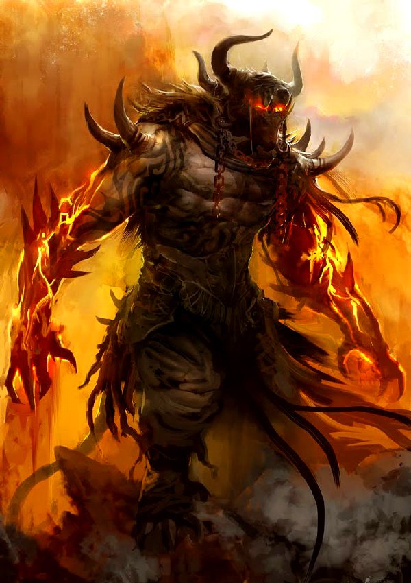 A powerful, horned creature emerges amidst flames, showcasing a fierce and menacing presence, embodying the dark fantasy elements of Guild Wars.
