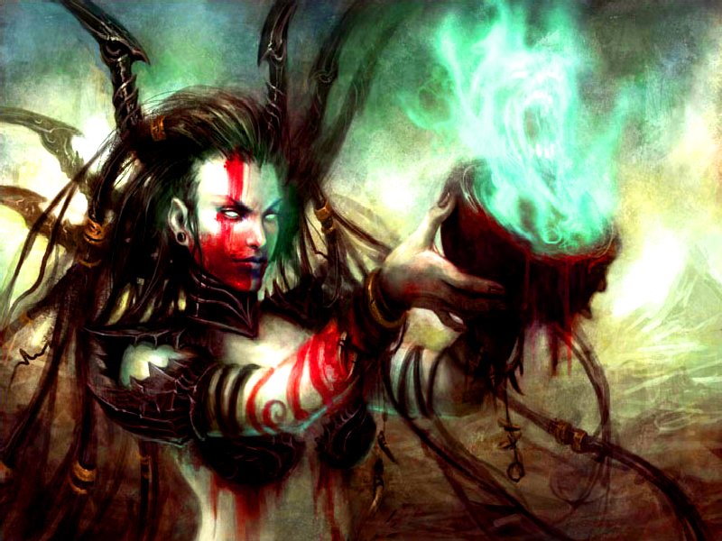 A dark fantasy scene featuring a powerful figure with striking tattoos and horns, conjuring a glowing green energy from a bowl, set against a mysterious, otherworldly backdrop.