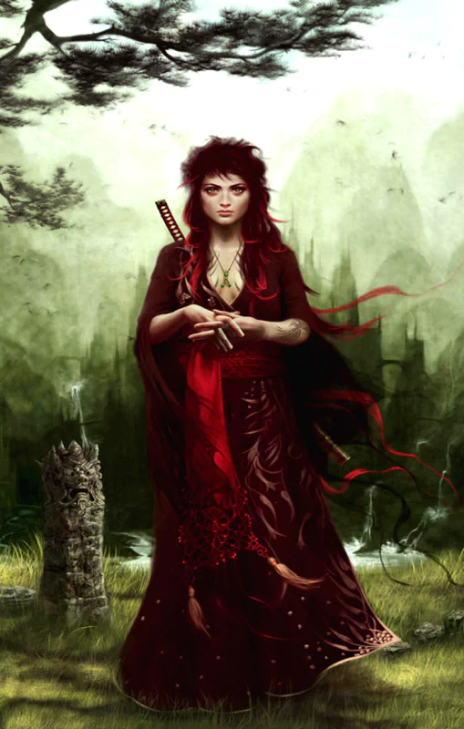 A fierce woman in a flowing red dress stands confidently in a lush, mystical landscape, holding a sword, embodying the spirit of fantasy.