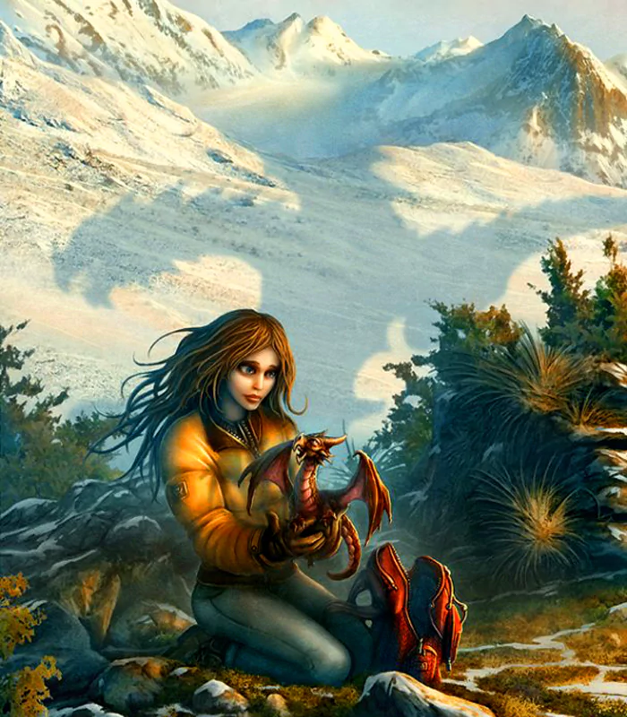 A young woman in a yellow jacket cradles a small dragon in a mountainous, snowy landscape, with the dragon's shadow looming behind her, capturing a moment of fantasy.