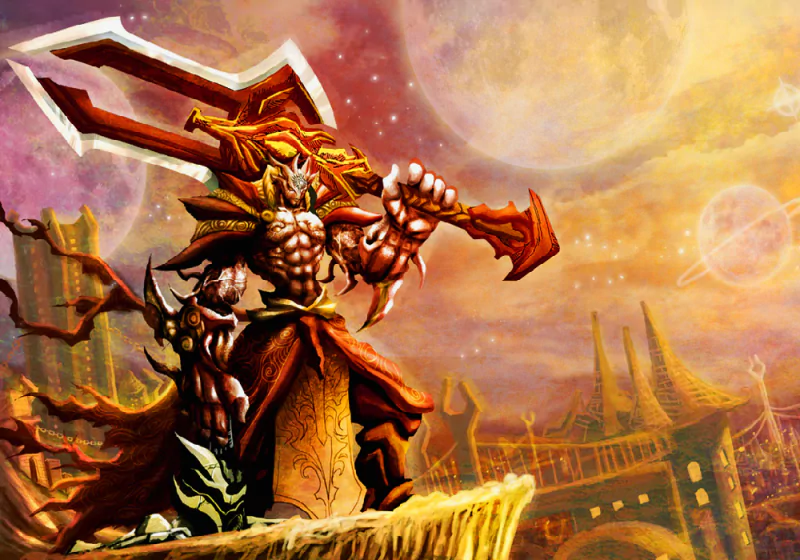 A powerful anime warrior stands confidently, wielding a massive weapon against a vibrant cosmic backdrop, showcasing strength and determination amidst a fantastical landscape.