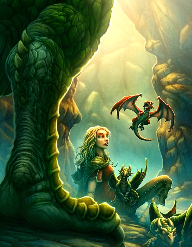 A fantasy scene featuring a woman surrounded by three small dragons in a cave, with a large dragon's claw looming in the foreground, illuminated by soft light.