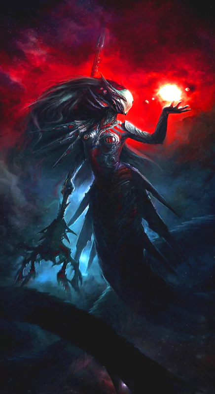 A dark fantasy illustration depicts a powerful figure wielding energy, surrounded by a swirling cosmos of rich reds and deep blues, evoking a sense of mystery and intrigue.