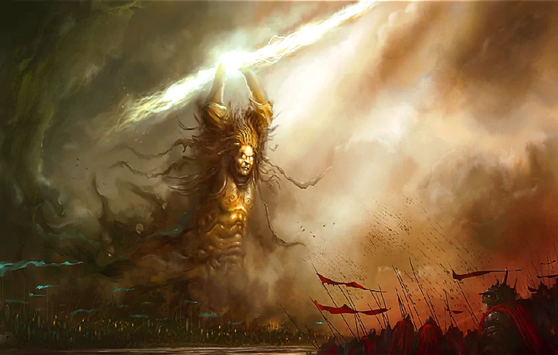 A colossal figure wields a blazing sword in a dramatic fantasy battle scene, surrounded by tumultuous clouds and fierce warriors on the ground.