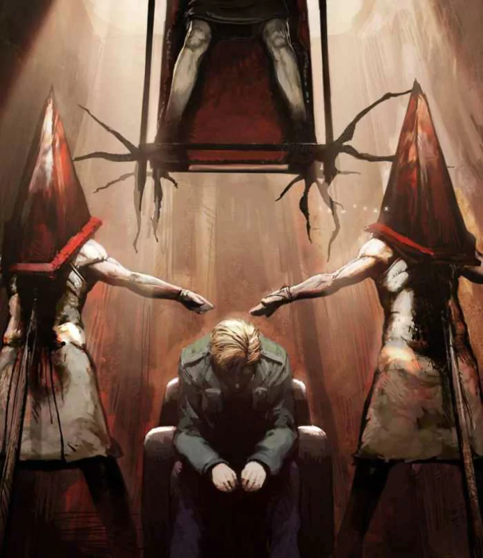 A distressed man sits with head bowed between two grotesque, pyramid-headed figures in a dark, eerie scene inspired by the Silent Hill video game series.